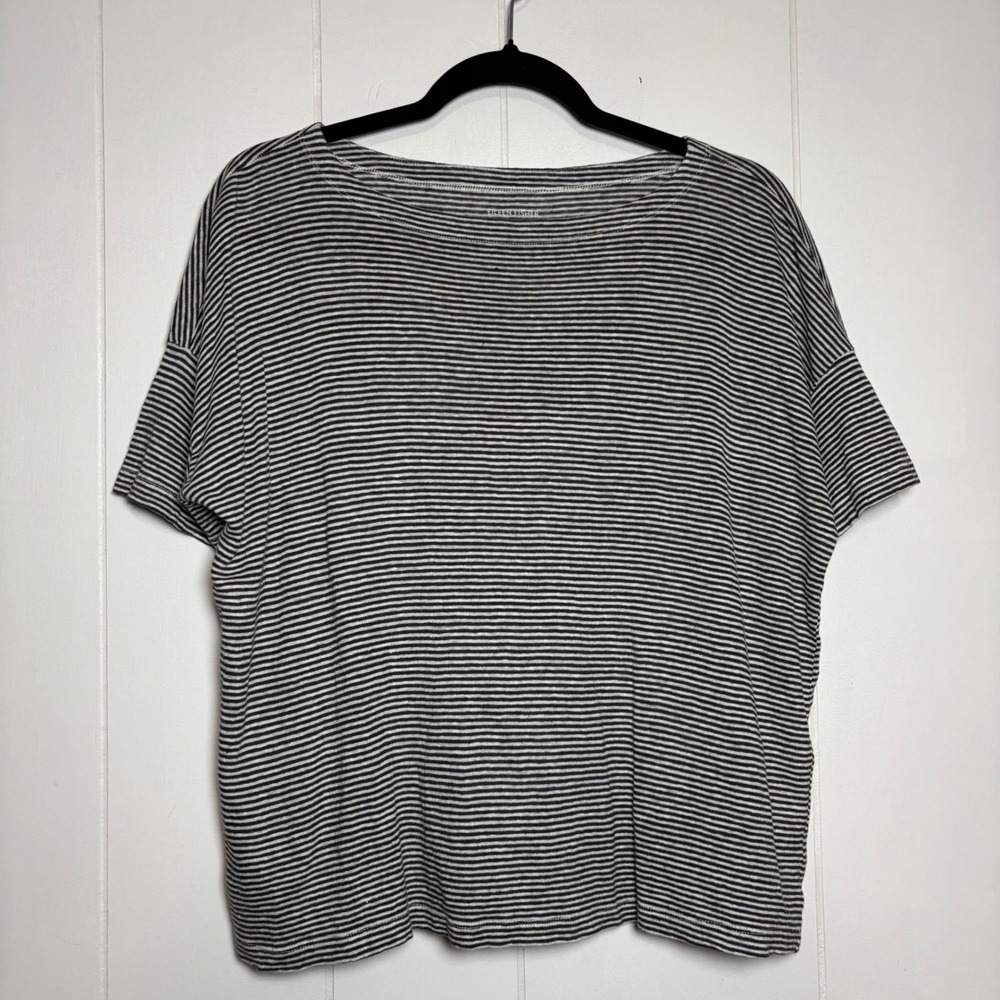 Eileen Fisher Organic Linen Striped Boxy Top Black White Sz Small Minimalist